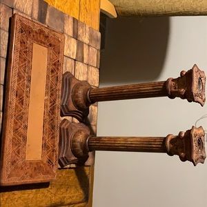 Lot 3- Pier 1 brass candlesticks and ceramic plate